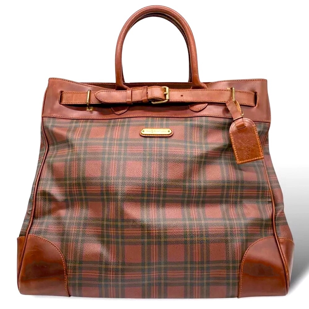 RALPH LAUREN Tall Tartan Plaid Brown Boston Weekend Travel Duffle Doctor Bag